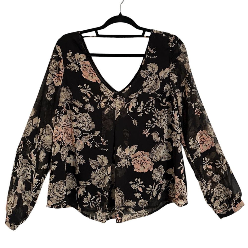 FOREVER21 Floral Pleated V-Neck Flowy Long Sleeve Oversized Blouse Top GUC